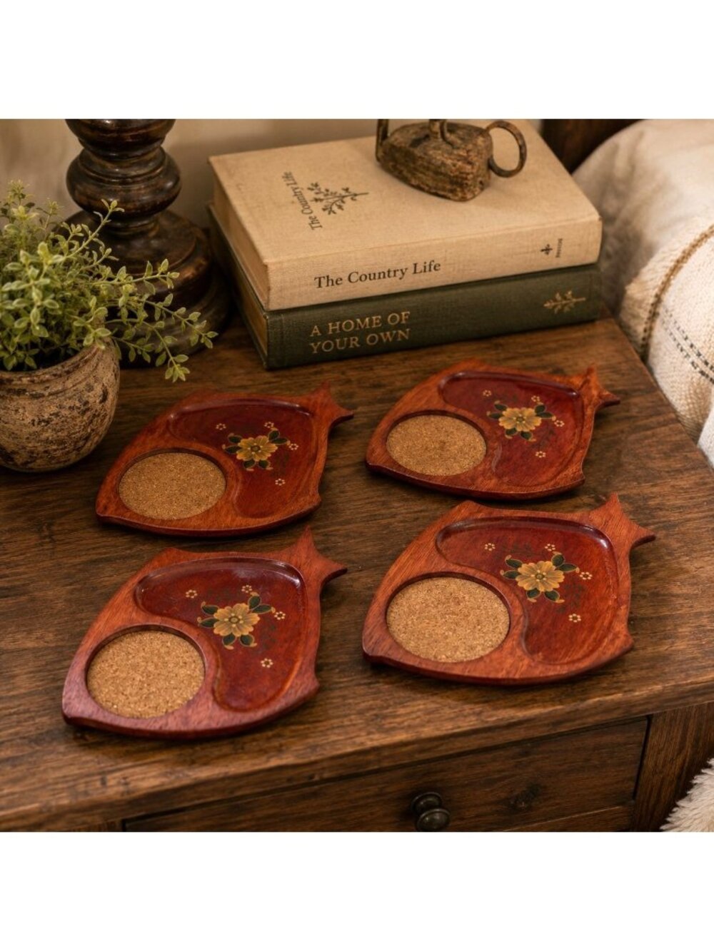 Wood Fish-Shaped Coasters Tole Painted Floral Cork Inserts Set Of 4 Mid Century